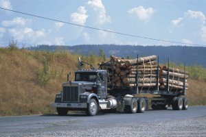 A logging truck travels across the prairie.
