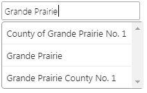 This image represents Grande Prairie, typed in, in the place name entry box. Choices appear below the typed-in name.