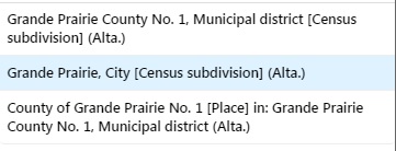 This image represents a list of areas with the words “Grand Prairie” in them. Grande Prairie, City [Census Subdivision] (Alta.) is selected.