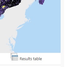 This image represents a map in the background. Underneath is an icon representing a small spreadsheet with the words “results table” next to it. Below, there is a dropdown menu with the word “Population” displayed.