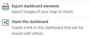 This image represents two options accompanied by their respective icons and a brief explanation: “Print the dashboard / map” and “Share this dashboard.”