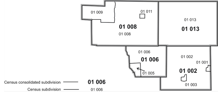 Figure 1.5 Example of census consolidated subdivisions (CCSs) and census subdivisions (CSDs)