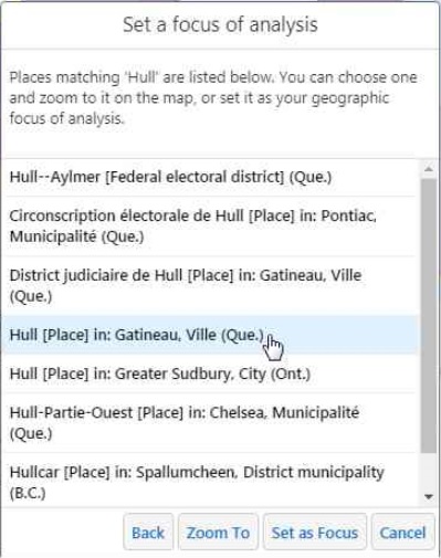 This image represents a list of areas with the word “Hull” in them. Hull [Place] in: Gatineau, Ville (Que.) is selected.