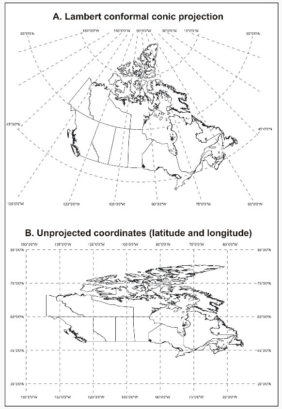 Figure 1.14 Example of a map projection and unprojected coordinates