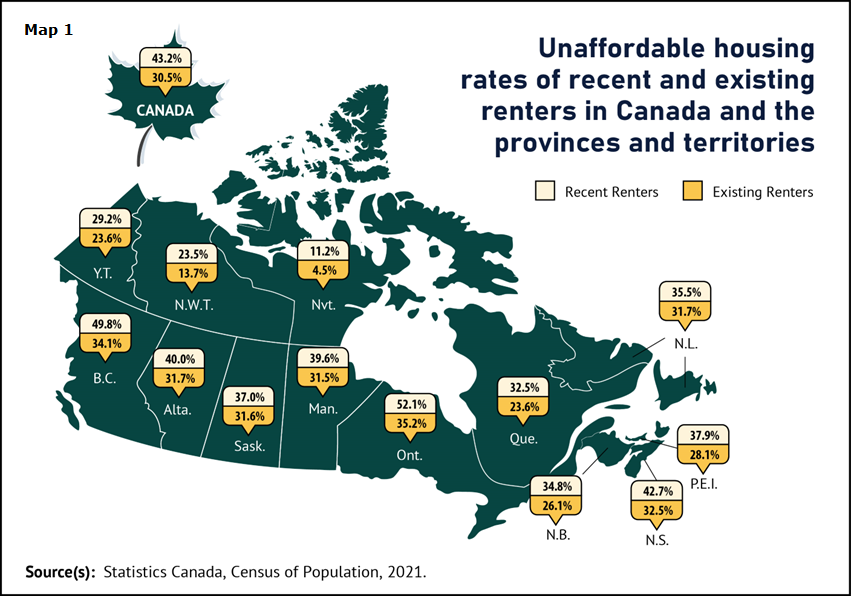 Map 1 Unaffordable housing rates of recent and existing renters in Canada and the provinces and territories