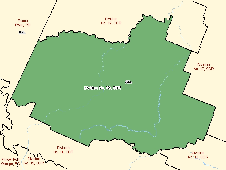 Map: Division No. 18, Census division, Census Division (shaded in green), Alberta