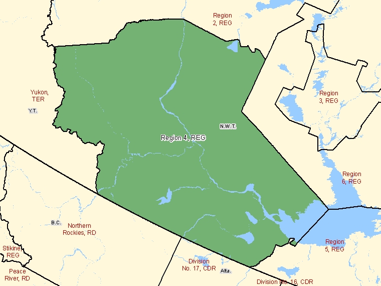Map: Region 4, Region, Census Division (shaded in green), Northwest Territories