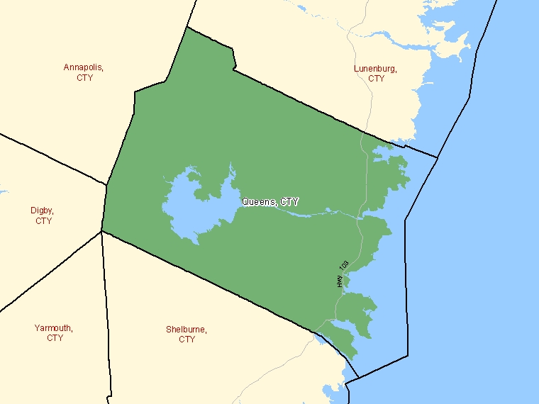 Carte : Queens, Nouvelle-Écosse (Division de recensement) ombrée en vert