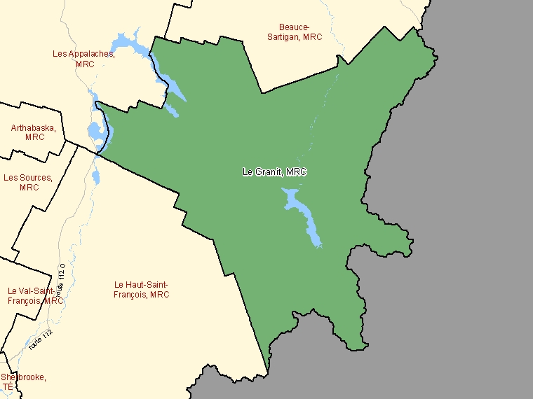 Carte : Le Granit, Québec (Division de recensement) ombrée en vert