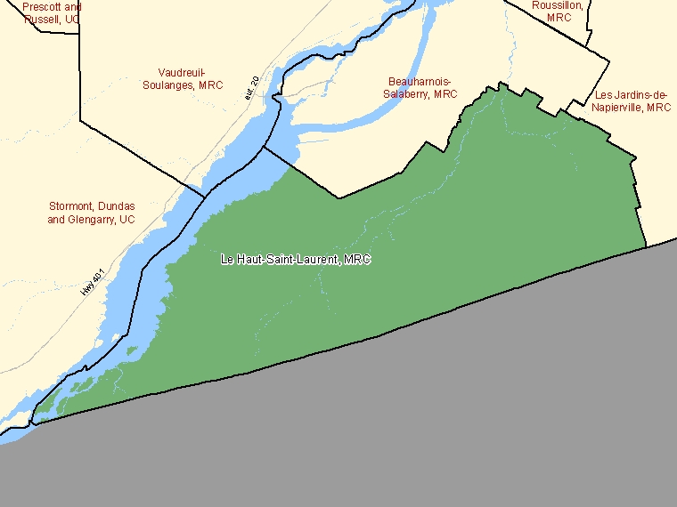 Carte : Le Haut-Saint-Laurent, Québec (Division de recensement) ombrée en vert