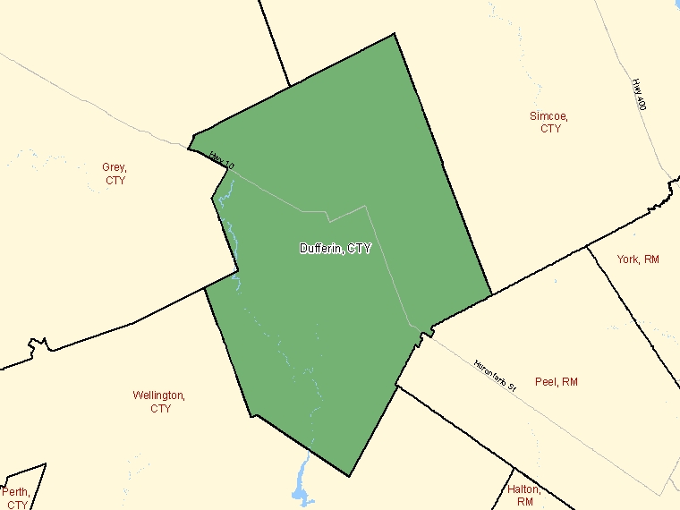Carte : Dufferin, Ontario (Division de recensement) ombrée en vert
