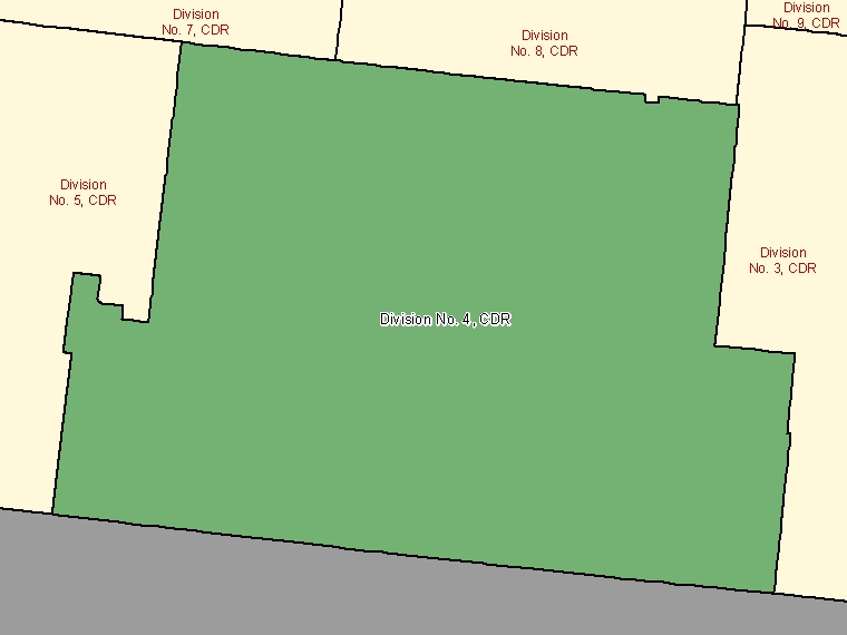 Carte : Division No.  4, Division de recensement, Division de recensement (ombrée en vert), Manitoba