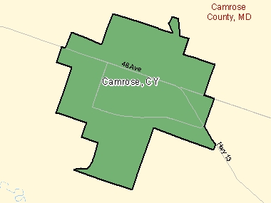 Map of Camrose, CY (shaded in green), Alberta