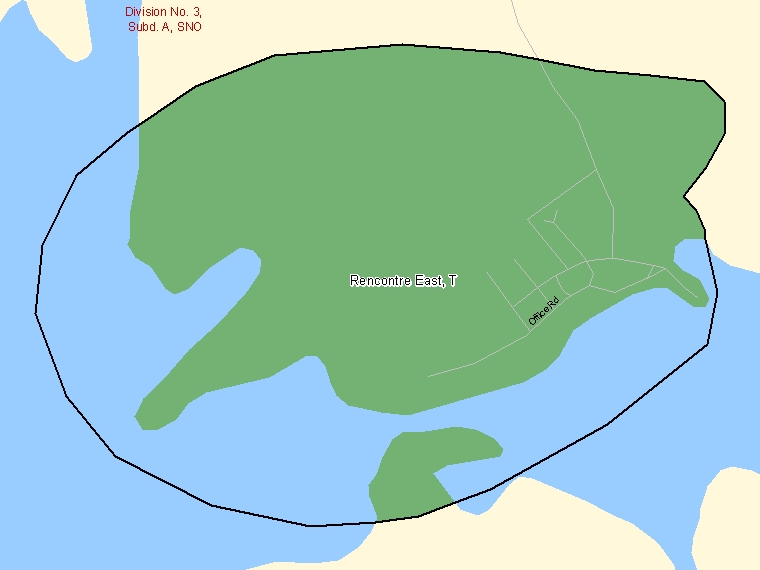 Map: Rencontre East, Town, Census Subdivision (shaded in green), Newfoundland and Labrador