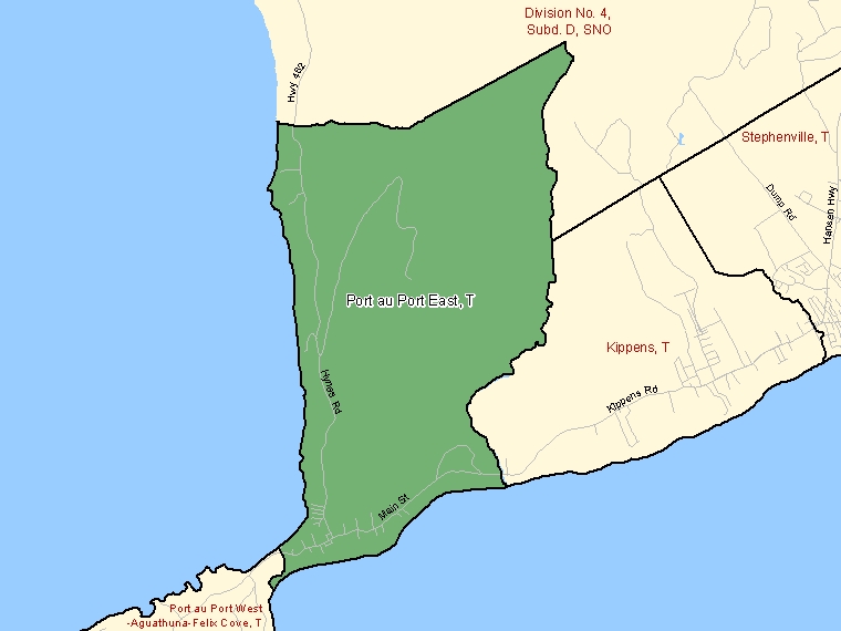 Map: Port au Port East, Town, Census Subdivision (shaded in green), Newfoundland and Labrador