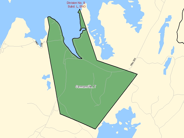 Map: Carmanville, Town, Census Subdivision (shaded in green), Newfoundland and Labrador