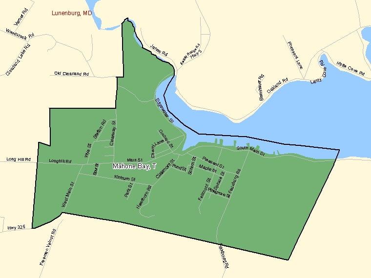 Map: Mahone Bay, Town, Census Subdivision (shaded in green), Nova Scotia