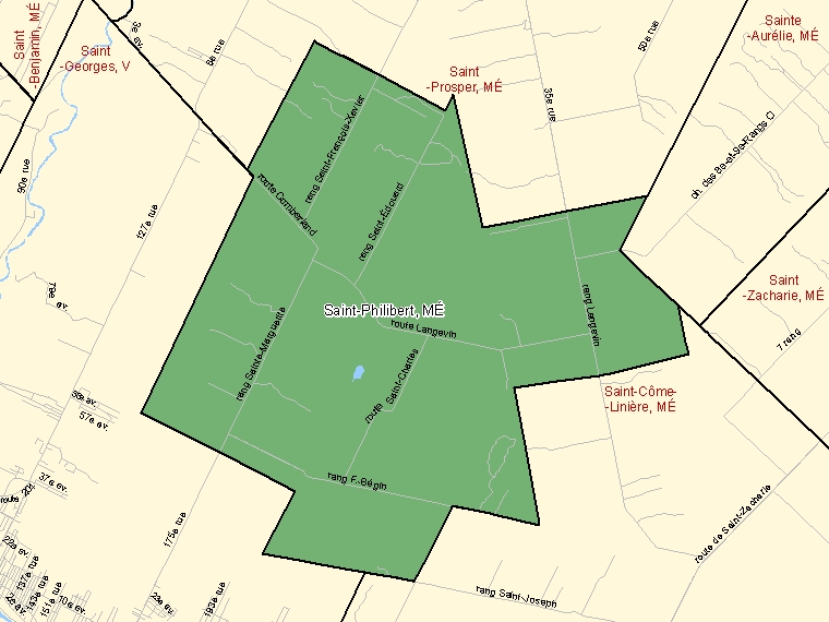 Map: Saint-Philibert, Municipalité, Census Subdivision (shaded in green), Quebec