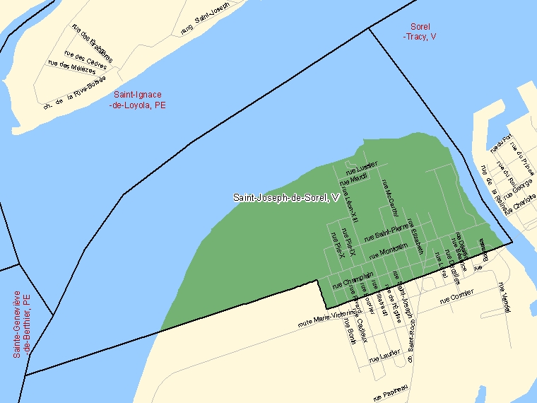 Map: Saint-Joseph-de-Sorel, Ville, Census Subdivision (shaded in green), Quebec