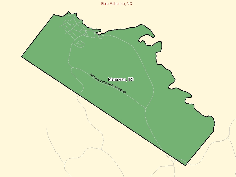 Map: Manawan, Indian reserve, Census Subdivision (shaded in green), Quebec