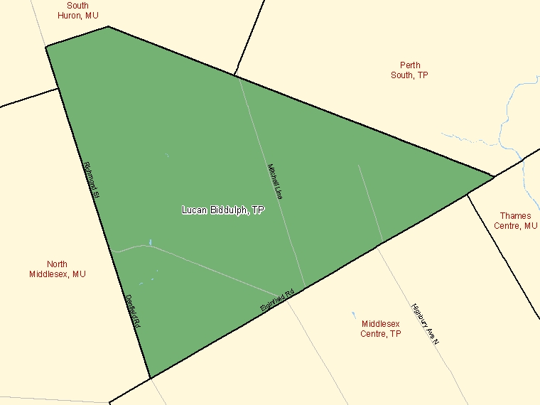 Map: Lucan Biddulph, Township, Census Subdivision (shaded in green), Ontario