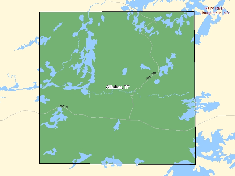 Map: Atikokan, Township, Census Subdivision (shaded in green), Ontario