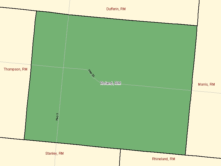 Map: Roland, Rural municipality, Census Subdivision (shaded in green), Manitoba