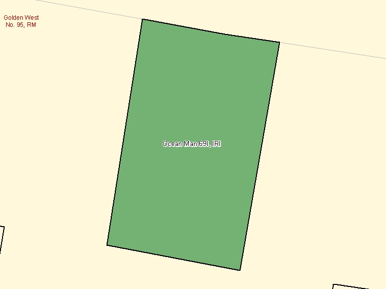 Map: Ocean Man 69I, Indian reserve, Census Subdivision (shaded in green), Saskatchewan