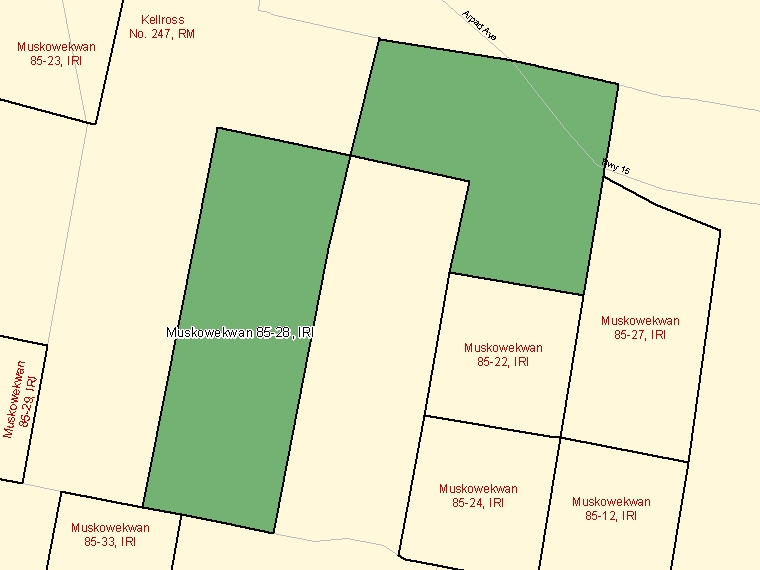 Map: Muskowekwan 85-28, Indian reserve, Census Subdivision (shaded in green), Saskatchewan