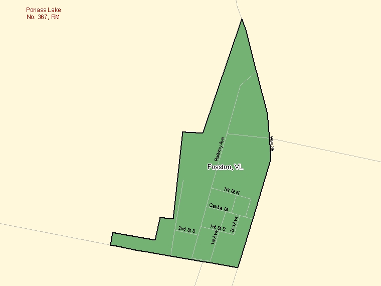 Map: Fosston, Village, Census Subdivision (shaded in green), Saskatchewan