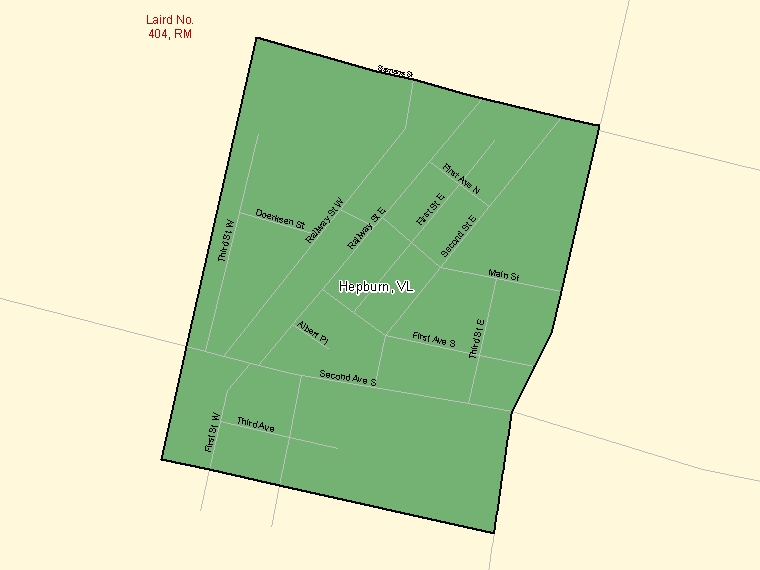 Map: Hepburn, Village, Census Subdivision (shaded in green), Saskatchewan