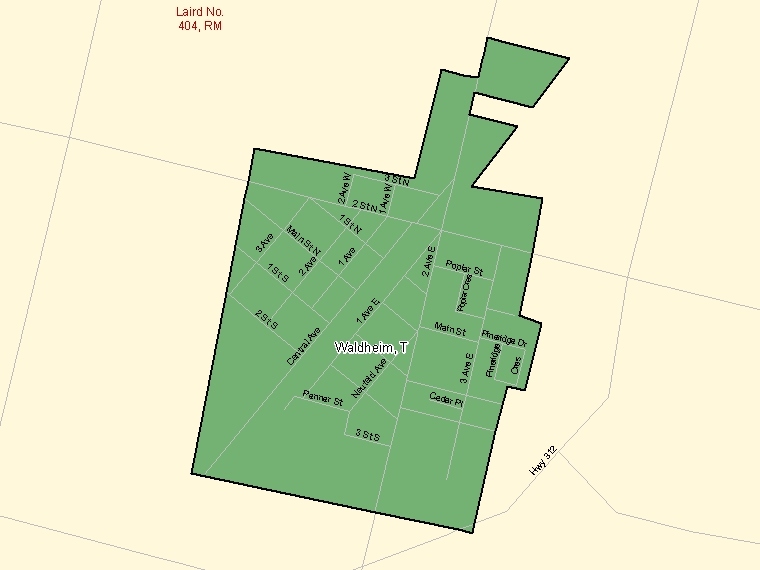 Map: Waldheim, Town, Census Subdivision (shaded in green), Saskatchewan