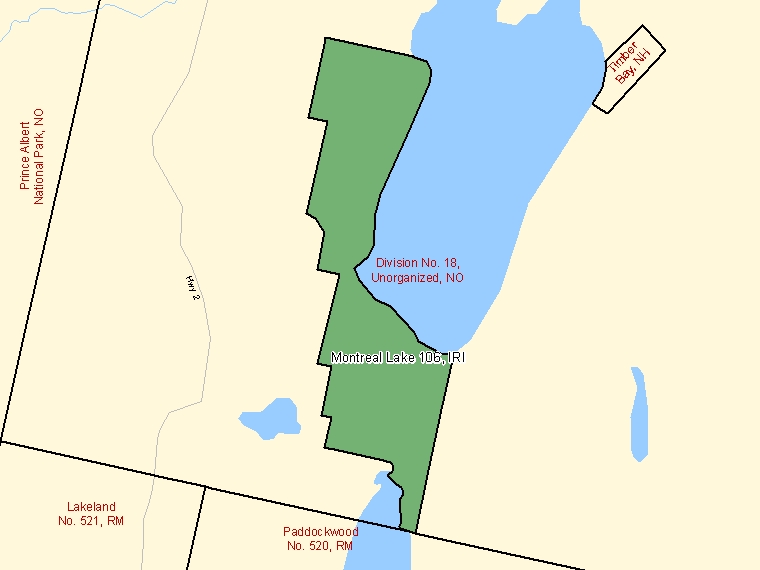Map: Montreal Lake 106, Indian reserve, Census Subdivision (shaded in green), Saskatchewan