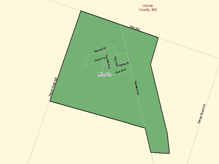 Map: Milo, Village, Census Subdivision (shaded in green), Alberta