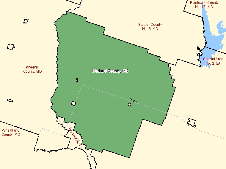 Map: Starland County, Municipal district, Census Subdivision (shaded in green), Alberta