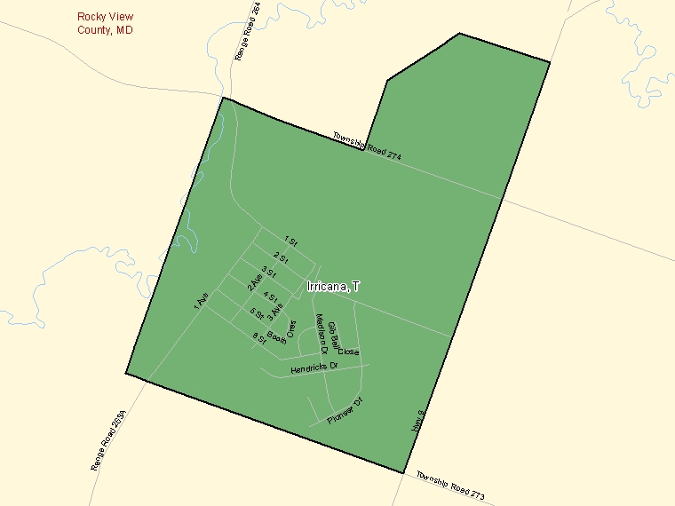 Map: Irricana, Town, Census Subdivision (shaded in green), Alberta