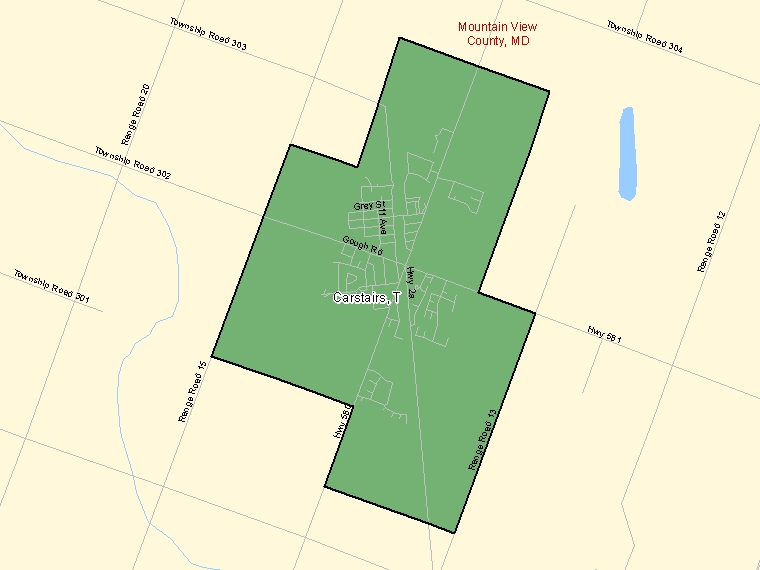 Map: Carstairs, Town, Census Subdivision (shaded in green), Alberta