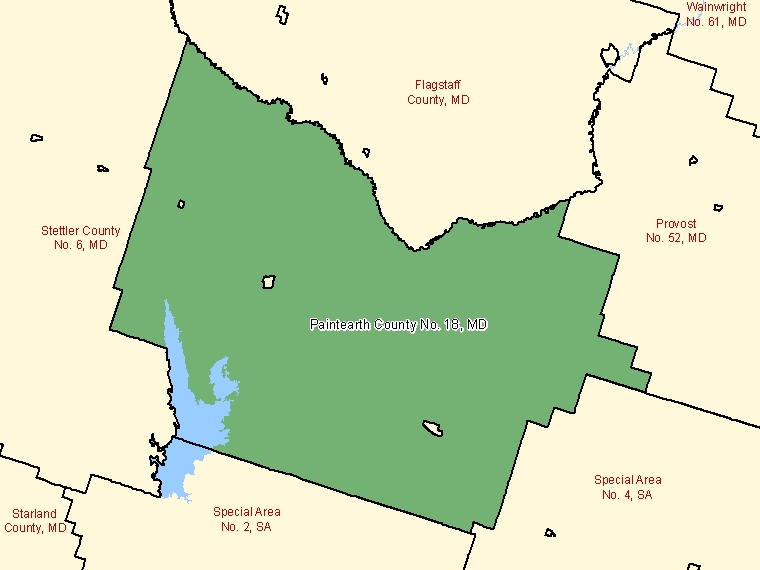 Map: Paintearth County No. 18, Municipal district, Census Subdivision (shaded in green), Alberta