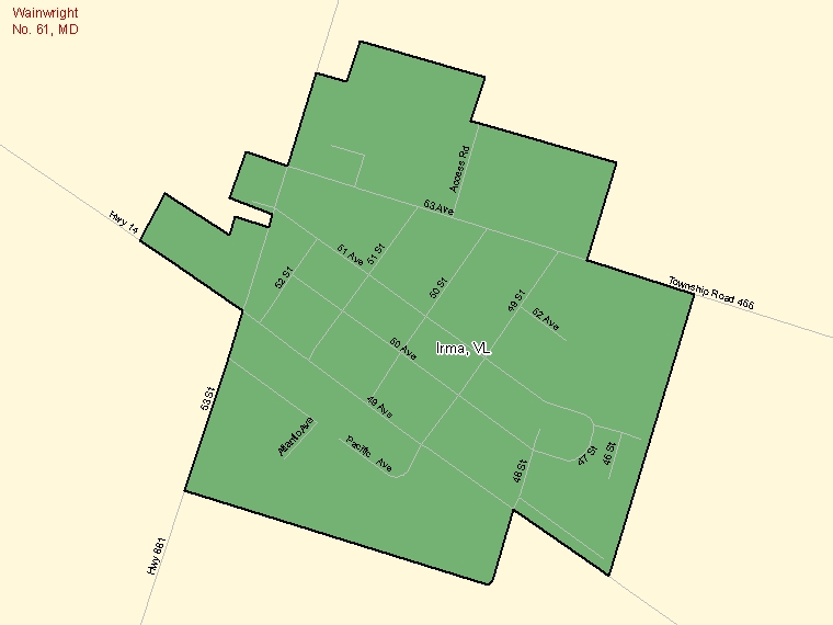 Map: Irma, Village, Census Subdivision (shaded in green), Alberta