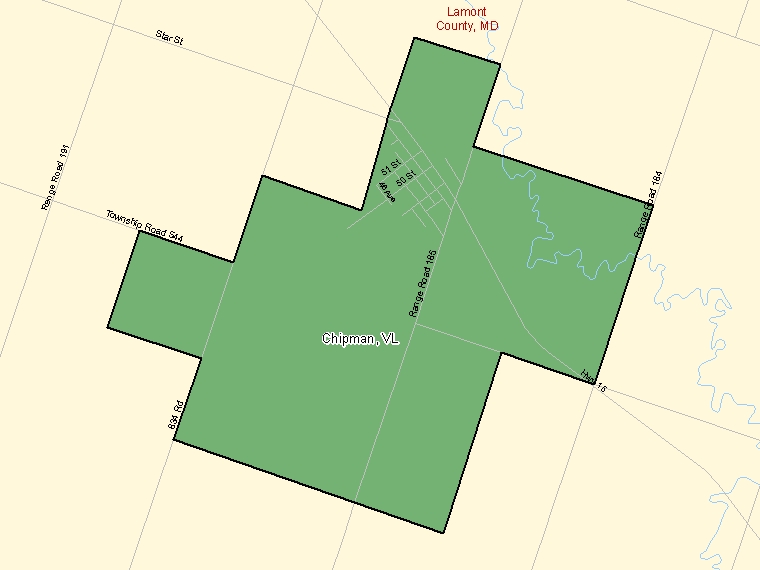 Map: Chipman, Village, Census Subdivision (shaded in green), Alberta