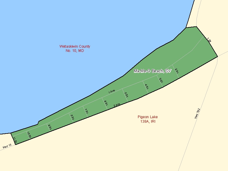 Map: Ma-Me-O Beach, Summer village, Census Subdivision (shaded in green), Alberta