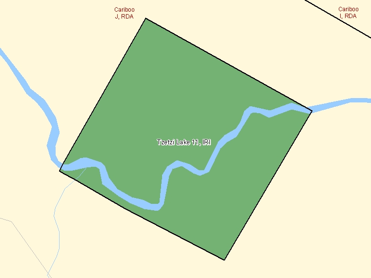 Map: Tzetzi Lake 11, Indian reserve, Census Subdivision (shaded in green), British Columbia
