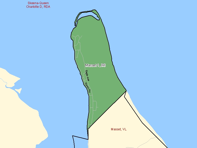Map: Masset 1, Indian reserve, Census Subdivision (shaded in green), British Columbia