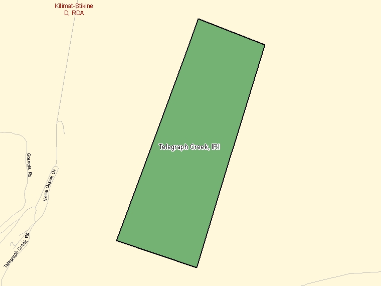 Map: Telegraph Creek, Indian reserve, Census Subdivision (shaded in green), British Columbia