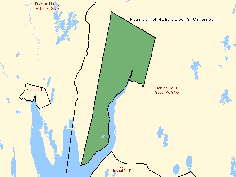 Carte : Mount Carmel-Mitchells Brook-St. Catherine's : T, Terre-Neuve-et-Labrador (Subdivision de recensement) ombrée en vert