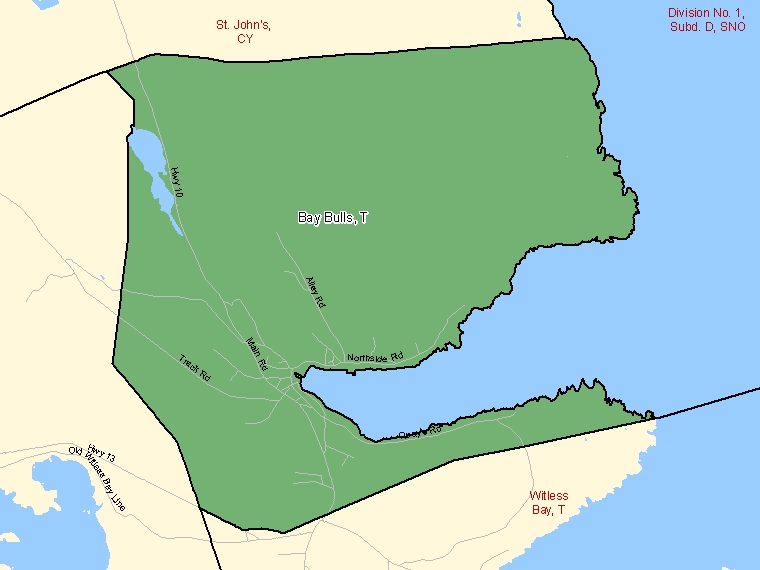 Carte : Bay Bulls : T, Terre-Neuve-et-Labrador (Subdivision de recensement) ombrée en vert