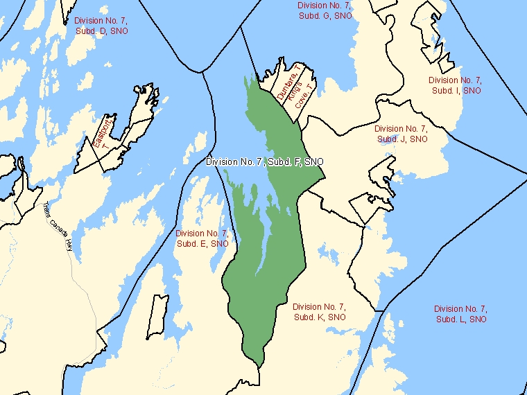 Carte : Division No. 7, Subd. F : SNO, Terre-Neuve-et-Labrador (Subdivision de recensement) ombrée en vert