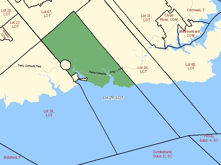 Carte : Lot 29 : LOT, Île-du-Prince-Édouard (Subdivision de recensement) ombrée en vert