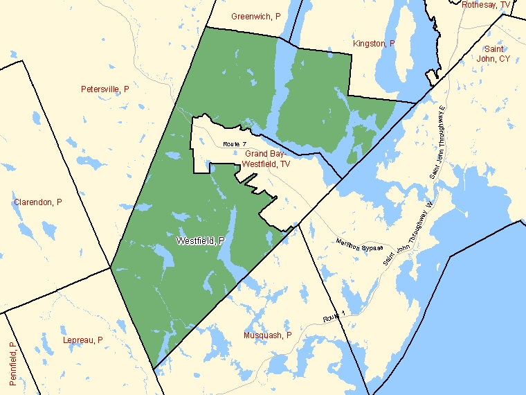 Carte : Westfield : P, Nouveau-Brunswick (Subdivision de recensement) ombrée en vert