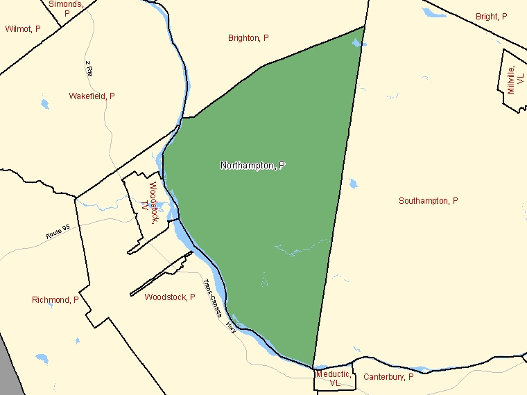 Carte : Northampton : P, Nouveau-Brunswick (Subdivision de recensement) ombrée en vert